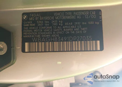 2001 BMW 740 Il from USA, damaged, VIN WBAGH83491DP27035